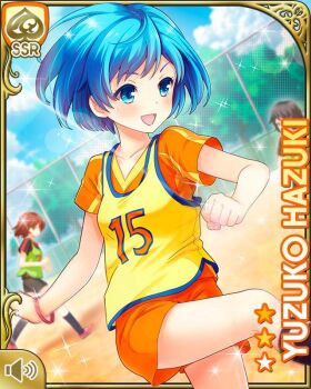 1girl :d blue_eyes blue_hair card_(medium) character_name clenched_hands girlfriend_(kari) hazuki_yuzuko official_art open_mouth orange_shirt orange_shorts playground qp:flapper race_bib shirt short_sleeves shorts smile solo_focus sportswear standing thighs