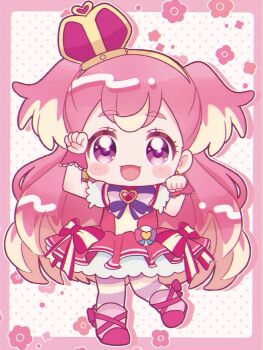 1girl :d arched_crown blonde_hair blonde_streaks blush_stickers boots border bow bow_earrings brooch capelet chest_bow chibi clenched_hands commentary crown cure_wonderful dress dress_bow earrings floral_background foot_up frilled_wrist_cuffs frills full_body gold_hairband hairband hands_up hat_ornament heart heart_brooch heart_hat_ornament highres inukai_komugi jewelry knees_together_feet_apart long_hair looking_at_viewer magical_girl mini_crown multicolored_hair multicolored_pantyhose no_nose open_mouth pact_holder pantyhose paw_pose petticoat pink_boots pink_border pink_bow pink_capelet pink_crown pink_dress pink_hair pink_pantyhose pink_wrist_cuffs pleated_dress polka_dot polka_dot_background pouch precure puffy_short_sleeves puffy_sleeves purple_bow purple_eyes short_dress short_sleeves smile solo standing standing_on_one_leg streaked_hair striped_bow striped_clothes striped_pantyhose tilted_headwear two-tone_hair two-tone_pantyhose two_side_up umiyuki_(umi_chu) white_background white_sleeves wonderful_pact wonderful_precure! wrist_cuffs yellow_pantyhose