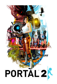 1970s_(style) 1girl aperture_science_handheld_portal_device atlas_(portal) bird cave_johnson chell crow glados highres jacket movie_poster official_art oldschool p-body parody portal portal_(series) portal_1 portal_2 poster_(medium) realistic retro_artstyle robot sideburns tristan_reidford sentry_turret_(portal) valve aperture_science_weighted_companion_cube wheatley