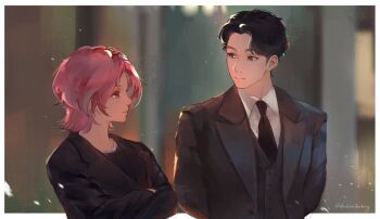 1boy 1girl archionturkey arms_behind_back black_coat black_eyes black_hair black_shirt black_vest blurry blurry_background bokeh border character_request coat collared_shirt copyright_request crossed_arms depth_of_field formal_clothes highres light_particles looking_at_another outside_border pink_hair shirt short_hair smile upper_body vest white_border white_shirt