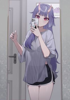 1girl black_bra black_nails black_shorts bra bra_visible_through_clothes breasts commission cowboy_shot dolphin_shorts hands_up highres holding holding_phone medium_breasts mole mole_under_eye multicolored_hair nail_polish phone see-through_clothes see-through_shirt see-through_silhouette shirt short_shorts short_sleeves shorts shune_(virtual_hertz) solo streaked_hair thick_eyebrows thighs underwear virtual_hertz virtual_youtuber white_shirt ysoa26