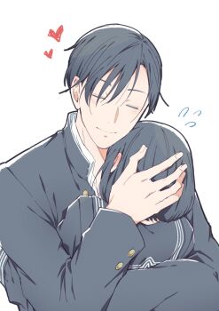 1boy 1girl black_hair black_jacket black_sailor_collar black_serafuku black_shirt blush closed_eyes closed_mouth couple ear_blush flying_sweatdrops fox_mask_(silent_hill) gakuran hair_between_eyes hand_in_another's_hair hetero highres hug jacket light_smile sailor_collar school_uniform serafuku shimizu_hinako shirt short_hair silent_hill_(series) silent_hill_f t_akiko upper_body white_background