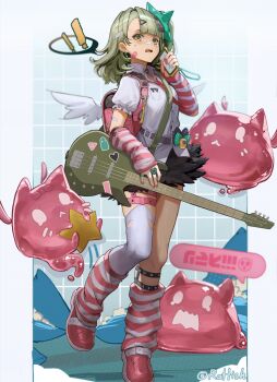 Rule 34 | !, !!, 1girl, arm warmers, bandaid, bandaid hair ornament, black skirt, checkered background, commentary, commentary request, earrings, electric guitar, english commentary, frilled sleeves, frills, fur-trimmed skirt, fur trim, green eyes, green hair, guitar, hair ornament, highres, holding, holding guitar, holding instrument, holding phone, instrument, jewelry, leg warmers, looking at viewer, mixed-language commentary, multiple hair clips, multiple thigh straps, musical note earrings, necktie, open mouth, phone, pink arm warmers, pink bag, pink leg warmers, pink shoes, rattish (rattish ra), red necktie, shirt, shoes, skirt, spoken exclamation mark, standing, standing on one leg, striped arm warmers, striped leg warmers, sunna (zenless zone zero), thigh strap, white shirt, white wings, winged bag, wings, zenless zone zero