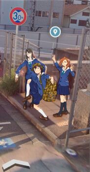 3girls absurdres anomarasu arms_up asakusa_midori backpack bag black_hair blue_jacket blue_skirt brown_footwear brown_hair chain-link_fence commentary double_v eizouken_ni_wa_te_wo_dasu_na! english_commentary fence google_maps green_necktie hands_up high_school_girls_posing_for_google_street_view_(meme) highres jacket kanamori_sayaka loafers meme mizusaki_tsubame multiple_girls necktie outdoors overhead_line photo-referenced photo_background pleated_skirt raised_curb road_sign school_uniform shoes sidewalk sign skirt socks tactile_paving v white_socks