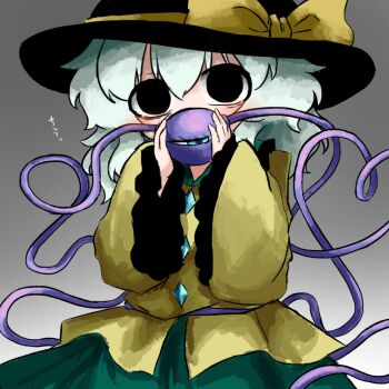 1girl black_eyes black_hat blush bow buttons collared_shirt covering_own_mouth cowboy_shot diamond_button eyeball frilled_shirt_collar frilled_sleeves frills gradient_background green_hair green_skirt grey_background hat hat_bow heripantomorrow holding holding_eyeball komeiji_koishi shirt skirt solo third_eye touhou yellow_bow yellow_shirt