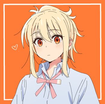 1girl blonde_hair blue_shirt blush closed_mouth collared_shirt half_updo heart highres kerorira looking_at_viewer love_live! love_live!_nijigasaki_high_school_idol_club medium_hair miyashita_ai neck_ribbon orange_background orange_eyes pink_ribbon portrait ribbon school_uniform shirt sidelocks square summer_uniform upper_body