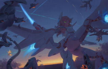 2girls android antica_(bigrbear) armor armored_leotard ass bigrbear blonde_hair breastplate commentary_request energy_gun energy_sword green_eyes highres leotard mechanical_ears mechanical_wings multiple_girls original ostia_(bigrbear) short_hair sunrise sword upside-down weapon weight wings