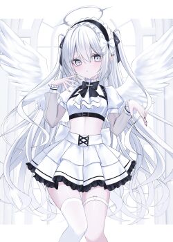 1girl :o absurdres angel angel_wings back_bow black_bow black_bowtie black_hairband black_nails black_ribbon bow bowtie chest_harness cropped_shirt feathered_wings feet_out_of_frame frilled_hairband frilled_skirt frilled_wrist_cuffs frills hair_bow hairband halo harness highres iris37337 long_hair looking_at_viewer miniskirt nail_polish original parted_lips puffy_short_sleeves puffy_sleeves ribbon shirt short_sleeves skirt solo standing thighhighs two_side_up very_long_hair white_bow white_eyes white_hair white_shirt white_skirt white_theme white_thighhighs white_wings wings wrist_cuffs