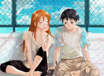 1boy 1girl bad_id bad_pixiv_id barefoot black_hair brown_eyes cassette_player casual chain-link_fence head_rest cloud couple earbuds earphones closed_eyes fence hetero ikari_shinji long_hair neon_genesis_evangelion ni-co niko_(silent.whitesnow) raglan_sleeves red_hair shared_earphones sharing short_hair sitting sky souryuu_asuka_langley walkman