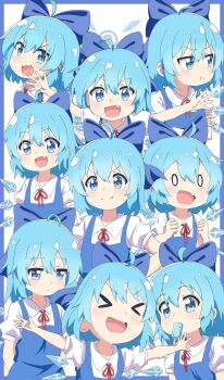 &gt;_&lt; 0_0 1girl :t absurdres ahoge averting_eyes blue_border blue_bow blue_dress blue_eyes blue_hair blush border bow cirno clenched_hands collage collared_shirt commentary_request doyagao dress fairy fang fang_out food food_in_mouth hair_bow highres ice ice_wings looking_ahead looking_at_viewer multiple_expressions multiple_views multiple_wings neck_ribbon outstretched_arms pinafore_dress popsicle popsicle_in_mouth red_ribbon ribbon shirt short_sleeves simple_background skin_fang sleeveless sleeveless_dress smile smug touhou upper_body v-shaped_eyebrows white_background white_shirt wings yige_lurenjia