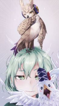 Rule 34 | 0 0, 1girl, animal, animal on head, animalization, bird, bird on head, blurry, blurry background, blush stickers, brown eyes, chicken, closed mouth, clothed animal, commentary request, earmuffs, emphasis lines, eyelashes, feathers, gradient background, green eyes, green hair, grey background, hair between eyes, half-closed eyes, hat, looking at viewer, messy hair, mononobe no futo, mononobe no futo (chicken), missing headwear, oinari sanda, on head, one eye closed, owl, portrait, profile, soga no tojiko, sparkle, tate eboshi, touhou, toyosatomimi no miko, toyosatomimi no miko (owl)