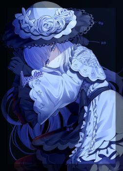 1girl beko_(beco_1122) black_background black_gloves center_frills closed_mouth commentary_request dress flower frilled_dress frilled_sleeves frills gloves hat hat_flower highres long_hair long_sleeves looking_at_viewer lying mahou_shoujo_no_majo_saiban on_side smile solo spoilers tsukishiro_yuki white_flower white_hair white_hat