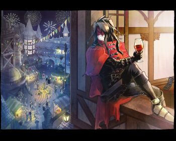 1boy 2girls 3boys armored_boots belt belt_buckle black_gloves black_hair black_pants boots buckle building cait_sith_(final_fantasy) cape cellphone cid_highwind cloak commentary_request crowd cup dirge_of_cerberus:_final_fantasy_vii drinking_glass final_fantasy final_fantasy_vii fireworks flip_phone gloves headband highres holding holding_cup knee_up long_hair looking_to_the_side multiple_belts multiple_boys multiple_girls night niwawaka outdoors pants people phone red_cape red_cloak red_eyes red_headband reeve_tuesti shelke_the_transparent sitting vincent_valentine wine_glass yuffie_kisaragi