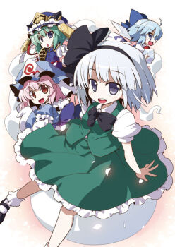 4girls akaneya bad_id bad_pixiv_id blue_eyes blue_hair bob_cut bow cirno ghost green_hair hair_bow hairband hat hitodama konpaku_youmu konpaku_youmu_(ghost) multiple_girls petals pink_hair purple_eyes red_eyes rod_of_remorse saigyouji_yuyuko shiki_eiki short_hair smile touhou triangular_headpiece vest white_hair wings