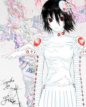 1girl black_hair blood blood_splatter bone breasts closed_mouth colored_skin commentary cowboy_shot cross cursive empty_eyes english_commentary english_text expressionless feathered_wings hair_between_eyes high_collar highres intestines juliet_sleeves latin_cross light_frown long_sleeves looking_at_viewer mini_wings original pleated_skirt puffy_sleeves raining_blood red_eyes shirt short_hair sidelocks skirt skirt_set small_breasts solo standing surreal tuizhaaaa white_shirt white_skin white_skirt white_wings wings