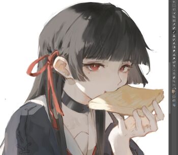 1girl art_program_in_frame black_choker black_hair bread bread_slice chisa_(wuthering_waves) choker commentary elyzerda food food_in_mouth hair_ribbon long_hair looking_at_viewer mouth_hold portrait red_eyes red_ribbon ribbon solo symbol-only_commentary toast toast_in_mouth unfinished wuthering_waves