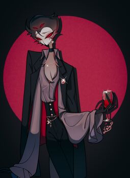 1boy absurdres alcohol artist_name beak bird bird_boy black_background black_choker black_coat black_pants center_opening choker closed_mouth coat coat_on_shoulders collared_shirt colored_sclera cowboy_shot crescent crescent_earrings cup demon demon_boy earrings extra_eyes facial_mark floating_earrings formal_clothes gold_buttons gold_earrings grey_hair grey_shirt hair_slicked_back head_tilt hellaverse helluva_boss high-waist_pants highres holding holding_cup jewelry juliet_sleeves long_coat long_eyelashes long_sleeves looking_at_viewer multicolored_coat owl pants puffy_sleeves raised_eyebrows red_sclera red_wine shiny_clothes shirt single_earring star_(symbol) stolas_(helluva_boss) two-tone_background two-tone_coat wine xiaolin610