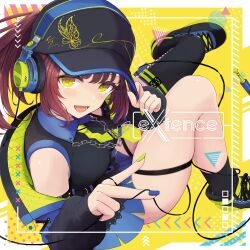 Rule 34 | 1girl, :d, absurdres, album cover, asymmetrical legwear, baseball cap, black footwear, black hat, black jacket, black shirt, black skirt, black socks, black thighhighs, blue nails, breasts, brown hair, cable, collared shirt, cover, dress shirt, green nails, green necktie, hat, headphones, headphones over headwear, highres, jacket, knees together feet apart, long sleeves, medium breasts, multicolored nails, nail polish, necktie, off shoulder, open clothes, open jacket, open mouth, original, ponytail, puffy long sleeves, puffy sleeves, shirt, shoes, single sock, single thighhigh, skindentation, skirt, sleeveless, sleeveless shirt, sleeves past wrists, smile, socks, solo, temari rin, thigh strap, thighhighs, v, yellow background, yellow eyes, yellow necktie