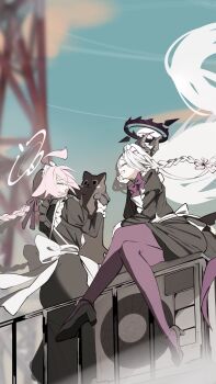 2girls ahoge alternate_costume alternate_hairstyle apron black_halo blue_archive commentary_request day demon_girl demon_horns demon_wings halo highres hina_(blue_archive) horns hoshino_(blue_archive) long_hair maid maid_apron multiple_girls outdoors pantyhose pennanima_1 pink_hair pink_halo very_long_hair white_hair wind wings