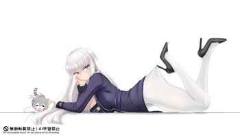 1girl 1other black_shirt blade_(brown_dust) blue_eyes breasts brown_dust_(series) brown_dust_2 closed_mouth clothes_pull hand_on_own_cheek hand_on_own_face high_heels highres lace_pantyhose_hooked_on_heel_(meme) lammylamd large_breasts long_sleeves looking_at_viewer lying meme on_stomach pantyhose pantyhose_pull pulling_own_clothes shirt simple_background solo_focus white_background white_hair white_pantyhose yuridori_(brown_dust)