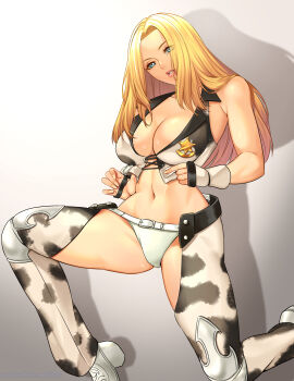 Rule 34 | 1girl, animal print, bikini, blonde hair, blue eyes, boots, breasts, cleavage, cow print, dixie clemets, fingerless gloves, gloves, grey background, grin, highres, large breasts, lips, long hair, looking at viewer, navel, rumble roses, seed01010, shadow, sleeveless, smile, solo, stomach, swimsuit, teeth, white bikini, white boots, white gloves, wrestling outfit