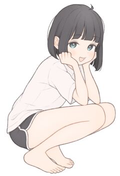 1girl 1ssakawaguchi absurdres barefoot black_eyes black_hair black_shorts bob_cut commentary_request dolphin_shorts feet full_body head_rest highres ichika_(1ssakawaguchi) looking_at_viewer open_mouth original shirt short_hair short_shorts shorts simple_background solo squatting t-shirt thighs toes white_background white_shirt