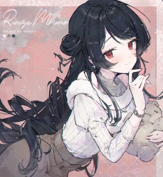1girl alternate_hair_length alternate_hairstyle artist_name black_hair blush character_name color_guide commentary dark_skin fur-trimmed_sweater fur_trim hair_bun hugging_doll hugging_object idolmaster idolmaster_shiny_colors jewelry long_hair looking_at_viewer morino_rinze necklace off-shoulder_sweater off_shoulder red_eyes single_side_bun smile solo soriya sweater sweater_tucked_in twitter_username very_long_hair watch white_sweater wristwatch