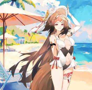 1girl absurdres alternate_costume animal_ear_fluff animal_ears arm_up armlet bare_shoulders beach beach_umbrella black_one-piece_swimsuit bracelet breasts brown_tail bubuqiu closed_mouth clover clover_hair_ornament collarbone commentary_request cowboy_shot droopy_ears frilled_one-piece_swimsuit frills hair_ornament hairband hat highres jewelry leg_tattoo looking_at_viewer medium_breasts navel necklace ocean one-piece_swimsuit palm_tree pearl_necklace red_eyes sand solo sun_hat swimsuit tail tattoo thigh_strap tree two-tone_swimsuit umbrella water white_hairband white_hat white_one-piece_swimsuit ye_shunguang zenless_zone_zero