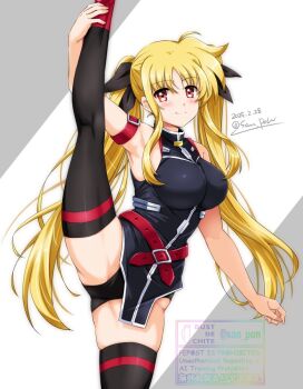 1girl black_panties black_ribbon black_thighhighs breasts closed_mouth commentary_request dated fate_testarossa fate_testarossa_(true_sonic_form) highres large_breasts long_hair looking_at_viewer lyrical_nanoha mahou_shoujo_lyrical_nanoha_strikers panties red_eyes ribbon san-pon smile solo split standing standing_on_one_leg standing_split thighhighs twintails underwear very_long_hair yellow_eyes