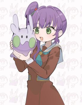 Rule 34 | 1girl, :d, aqua neckerchief, brown dress, color connection, commentary, crossover, doodle background, dress, flower, gen 6 pokemon, goomy, green eyes, hair bun, hair flower, hair ornament, hanamiya nina (style), hasu no sora school uniform, highres, holding, holding pokemon, link! like! love live!, long sleeves, love live!, nagisa iori, neckerchief, nintendo, open mouth, otomune kozue, pleated dress, pokemon, pokemon (creature), purple hair, red flower, sailor collar, sailor dress, school uniform, side ponytail, single side bun, smile, tassel, tassel hair ornament, virtual youtuber, white background, white sailor collar, winter uniform
