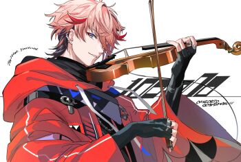 Rule 34 | 1boy, artist name, black gloves, black hair, black shirt, character name, commentary request, drawstring, ear piercing, earrings, english text, fingerless gloves, gloves, hair between eyes, hair over one eye, highres, holding, holding instrument, holding violin, hood, hood down, hooded jacket, instrument, jacket, jewelry, koujisako, long sleeves, looking at viewer, male focus, multicolored hair, music, nijisanji, open clothes, open jacket, parted lips, piercing, pink hair, playing instrument, red eyes, red hair, red jacket, ring, seraph dazzlegarden, shirt, short hair, signature, simple background, smile, solo, streaked hair, turtleneck, upper body, violin, virtual youtuber, white background, wide sleeves