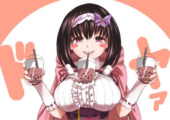 1girl animal_print bat_print blush_stickers breasts brown_hair bubble_tea bubble_tea_challenge commentary_request cup doyagao drinking elbow_gloves fate/grand_order fate_(series) fingerless_gloves gloves hair_between_eyes hairband highres holding holding_cup large_breasts looking_at_viewer open_mouth osakabehime_(fate) purple_eyes smile smug solo white_hairband yakuoyoso