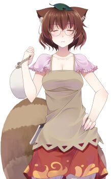 Rule 34 | 1girl, animal ears, bag, breasts, brown hair, brown shirt, cleavage, closed eyes, closed mouth, collarbone, commentary request, cowboy shot, crote, facing viewer, fingernails, futatsuiwa mamizou, glasses, hair between eyes, hand on own hip, hand up, highres, holding, holding bag, large variant set, leaf, leaf on head, pince-nez, raccoon ears, raccoon girl, raccoon tail, red skirt, shirt, short hair, simple background, skirt, solo, tachi-e, tail, touhou, transparent background, variant set