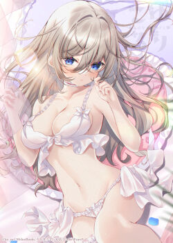 1girl bare_arms bare_shoulders blue_eyes blush bow bow_bra bow_panties bra breasts brown_hair cleavage commentary_request frilled_pillow frills hair_between_eyes heart heart-shaped_pillow highres ko_yu long_hair looking_at_viewer medium_breasts navel original panties parted_lips pillow solo underwear underwear_only very_long_hair white_bra white_panties
