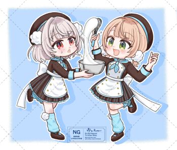 2girls alternate_costume apron back_bow black_hat black_jacket black_skirt blonde_hair blue_neckerchief blue_socks blunt_bangs bow breasts buttons chibi chibi_only commentary_request cooking double-breasted full_body green_eyes grey_hair hair_ornament hat highres holding holding_whisk indie_virtual_youtuber invisible_floor jacket large_breasts long_sleeves looking_at_object loose_socks low_twintails miniskirt mixing_bowl multiple_girls neckerchief pinstripe_pattern pinstripe_skirt pleated_skirt pom_pom_(clothes) pom_pom_hair_ornament red_eyes shigure_ui_(vtuber) short_hair short_twintails side_part skirt sleeve_cuffs small_sweatdrop socks standing standing_on_one_leg twintails two_side_up ui_(voisona) virtual_youtuber voisona waist_apron whisk yun-chan_(c_d396)