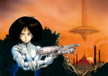 1girl alita:_battle_angel artbook battle_angel_alita black_hair cyborg gun kishiro_yukito official_art short_hair trash weapon
