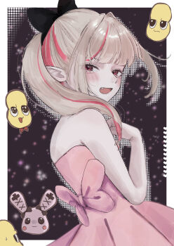 1girl :d absurdres back_bow bare_shoulders black_background black_bow blunt_bangs blush border bow colored_inner_hair cowboy_shot dress fang from_behind grey_hair hair_bow hair_intakes hair_over_shoulder highres kagenone long_hair looking_at_viewer looking_back makaino_ririmu mode_aim multicolored_hair nijisanji official_alternate_costume official_alternate_hairstyle open_mouth outside_border peanuts-kun pink_bow pink_dress pink_hair pink_streaks pointy_ears ponytail red_eyes sidelocks smile strapless strapless_dress streaked_hair stuffed_animal stuffed_rabbit stuffed_toy two-tone_hair virtual_youtuber white_border