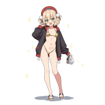 1girl :d bag beret bikini bikini_under_clothes black_jacket blonde_hair braid breasts brown_bikini brown_sandals bubble_tea cup disposable_cup full_body green_eyes groin hand_up hat hatsunatsu holding holding_bag hood hood_down hooded_jacket indie_virtual_youtuber jacket long_sleeves open_clothes open_jacket open_mouth pinstripe_jacket pinstripe_pattern plastic_bag puffy_long_sleeves puffy_sleeves red_hat sandals shadow shigure_ui_(vtuber) simple_background sleeves_past_wrists small_breasts smile solo sparkle standing swimsuit virtual_youtuber white_background