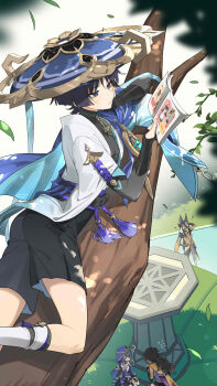 2girls 3boys ? ?? absurdres ancient_egyptian_clothes animal_hood aqua_sleeves armor belt black_belt black_bodysuit black_bow black_eyes black_hair black_hood black_shorts black_skirt black_sleeves black_socks blue_cape blue_hair blue_hat blue_hood blue_sleeves blunt_ends bodysuit book bow bracelet bridal_gauntlets bright_pupils cape circlet closed_mouth column cyno_(genshin_impact) dark-skinned_male dark_skin detached_sleeves dress expressionless eyeliner eyeshadow falling_leaves fingerless_gloves furisode genshin_impact gloves gold gold_circlet gradient_hair gradient_sleeves hand_on_own_face hand_on_own_head hand_up hands_on_own_thighs hat head_rest hei_lang highres holding holding_book hood index_finger_raised japanese_armor japanese_clothes jewelry jingasa kimono kirara_(cat)_(genshin_impact) kirara_(genshin_impact) kote kurokote layered_sleeves layla_(genshin_impact) leaf leg_warmers long_hair looking_at_another looking_at_object low-tied_long_hair lying lying_on_branch maid makeup midriff multicolored_hair multiple_boys multiple_girls on_side orange_scarf pectorals pillar purple_rope purple_sash purple_shorts reading red_eyeliner red_eyeshadow rope sash scaramouche_(genshin_impact) scarf searching seiza sethos_(genshin_impact) short_sleeves shorts sidelocks sitting skirt socks spiked_hair tassel turtleneck turtleneck_bodysuit two-sided_shorts wanderer_(genshin_impact) white_dress white_hair white_leg_warmers white_pupils white_sleeves