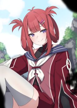 1girl antenna_hair atelier_live black_shirt blue_sailor_collar closed_mouth cloud commentary english_commentary hair_ornament hairclip highres jacket kani_kanizawa neckerchief pink_jacket purple_eyes red_hair sailor_collar shirt sky sleeveless sleeveless_shirt smile solo thighhighs valefal_coneri virtual_youtuber white_neckerchief white_thighhighs