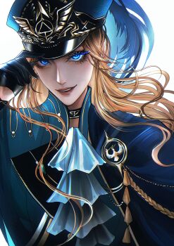 1girl absurdres adjusting_clothes adjusting_headwear aegyo_sal ascot augustus_(path_to_nowhere) black_gloves blonde_hair blue_ascot blue_cape blue_eyes blue_hat cape emblem gloves glowing glowing_eyes half_gloves hat hat_feather highres kepi looking_at_viewer military_hat military_uniform path_to_nowhere side_cape smile solo upper_body yu_zhezhe