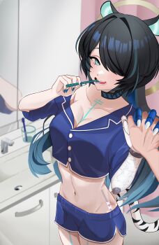 1girl absurdres akimoto8 animal_ears bathroom black_hair blue_hair blue_nails breasts brushing_teeth colored_inner_hair commission erina_makina green_eyes hair_over_one_eye highres hip_bones holding_hands large_breasts long_hair mechanical_arms midriff multicolored_hair pajamas phase_connect single_mechanical_arm sink skeb_commission solo tail tiger_ears tiger_girl tiger_tail toothbrush very_long_hair virtual_youtuber white_nails