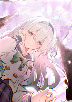 1girl aqua_bow aqua_bowtie bow bowtie buttons cherry_blossoms closed_mouth commentary double-breasted falling_petals firefly_(honkai:_star_rail) firefly_(spring_missive)_(honkai:_star_rail) from_below gradient_hair green_hair grey_hair grey_hairband grey_sailor_collar grey_skirt hair_between_eyes hairband hand_up highres honkai:_star_rail honkai_(series) long_hair long_sleeves looking_at_viewer mashiro_(user_65392488) multicolored_hair name_tag paid_reward_available petals plaid_bow plaid_bowtie plaid_clothes plaid_skirt purple_eyes sailor_collar school_uniform serafuku shirt skirt smile tree tucking_hair twitter_username upper_body white_shirt