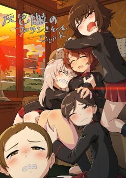 Rule 34 | 5girls, absurdres, akaboshi koume, arm on another's leg, black jacket, black socks, blush, breasts, brown eyes, brown hair, chair, closed eyes, collared shirt, commentary request, commission, cross, crying, crying with eyes open, curly hair, girls und panzer, girls und panzer saishuushou, grey hair, hand on another's chest, hida ema, highres, iron cross, iruma anna, itsumi erika, jacket, knees, kojima emi, kuromorimine military uniform, kuroneko douji, long hair, long sleeves, miniskirt, multiple girls, on chair, open mouth, pleated skirt, pointy hair, red shirt, red skirt, sad, shirt, short hair, signature, sitting, skirt, snot, socks, spoilers, sunset, tearing up, tears, train interior, very short hair, window