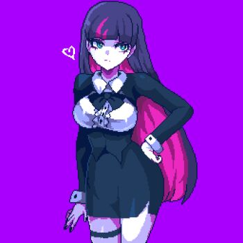 1girl black_bow black_dress blue_eyes blue_hair blunt_bangs bow breasts closed_mouth collared_dress colored_inner_hair commentary cowboy_shot dress hashtag-only_commentary heart highres large_breasts long_hair long_sleeves looking_to_the_side multicolored_hair panty_&amp;_stocking_with_garterbelt pink_streaks pixel_art pixelcadete purple_background simple_background solo stocking_(psg) streaked_hair thigh_strap