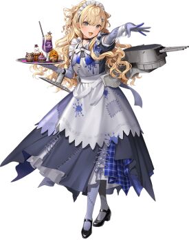 1girl apron blonde_hair blue_dress blue_eyes cupcake dress drink elbow_gloves food full_body gloves grey_gloves hair_ornament hairclip hoshiakari_(c2_kikan) kantai_collection machinery maid maid_headdress minneapolis_(halloween)_(kancolle) minneapolis_(kancolle) official_art patchwork_clothes smile solo third-party_source transparent_background tray two_side_up wavy_hair white_apron