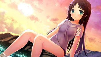 1girl arm_support female_focus game_cg giga green_eyes harvest_overray long_hair looking_at_viewer nironiro ouno_sumi purple_hair see-through_clothes shirt short_sleeves sitting solo straight_hair sun t-shirt wading water