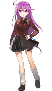 1girl black_shoes black_skirt blazer breasts choukou_(alicesoft) choukou_taisen_escalation_heroines clenched_hand full_body hand_on_own_hip highres jacket kentou_kanami looking_at_viewer necktie official_art orion_(orionproject) purple_eyes purple_hair rance_(series) red_necktie shoes skirt solo tachi-e