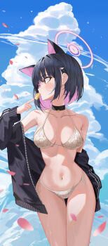 1girl absurdres animal_ears bare_legs bikini black_choker black_hair black_jacket blue_archive blush breasts cat_ears choker collarbone colored_inner_hair falling_petals food halo highres jacket k.j. kazusa_(blue_archive) large_breasts long_sleeves macaron multicolored_hair navel petals pink_hair pink_halo red_eyes short_hair solo swimsuit two-tone_hair white_bikini