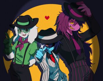 1boy 1girl 1other animal_ears black_hat black_shirt blue_hair blue_skin colored_sclera colored_skin cowboy_shot deltarune drop_shadow fangs fedora furry furry_female furry_male glasses gloves goat_ears green-framed_eyewear green_gloves green_shirt grin group_picture hand_on_headwear hat heart highres index_finger_raised jacket kris_(dark_world)_(deltarune) kris_(deltarune) kris_(gangster)_(deltarune) long_hair looking_at_viewer necktie open_mouth pants pink_skin pixel_heart pointing pointing_at_viewer purple_hair purple_necktie r_25_jjin ralsei ralsei_(gangster) red_eyes red_necktie round_eyewear shaded_face sharp_teeth shirt short_hair skin_fangs smile striped_clothes striped_jacket striped_pants susie_(dark_world)_(deltarune) susie_(deltarune) susie_(gangster)_(deltarune) suspenders teeth two-tone_background utdr_(toby_fox) yellow_sclera